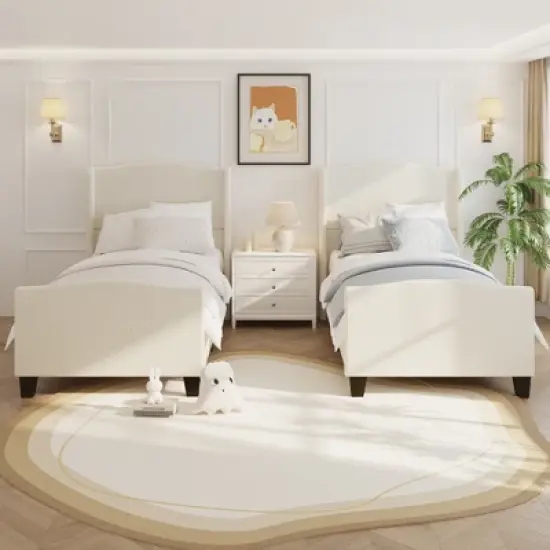 Twin/Queen/King Size Platform Bed Frame with Upholstered Headboard, Teddy Velvet, Ivory White - ModernLuxe image {2}