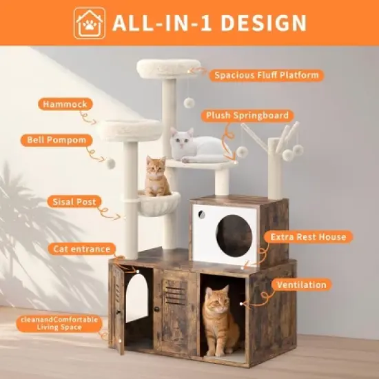 Multi-Level Cat Tree w/Hidden Litter Box - 3-in-1 Tower w/Condo, Hammock & Scratching Posts image {3}