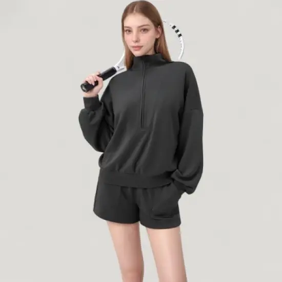 Anna-Kaci Active Women's Long Sleeve Woven Half Zip Pullover Top with Stand Collar and Elastic Cuffs image {2}