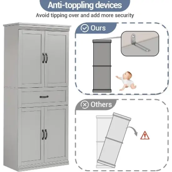 70" Multi-Room Pantry Cabinet w/ Drawer & 4 Doors - Adjustable Shelves, Engineered Wood, Freestanding Cray image {2}