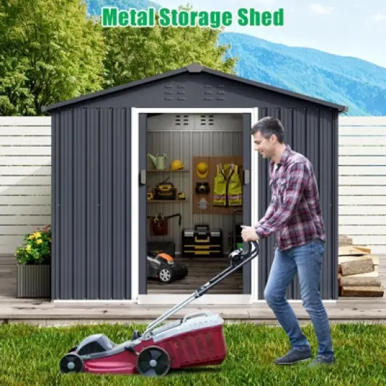 TROPOW 8x12 FT Outdoor Storage Shed, Metal Garden Shed with Lockable Door,and Sloped Roof, Utility Metal Tool Storage Sheds for Backyard, Gray image {1}