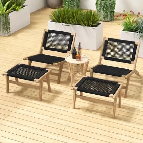 Tangkula 2PCS Teak Ottoman Footstool w/ Handwoven Cordage for Patio Porch Balcony Lawn image {2}