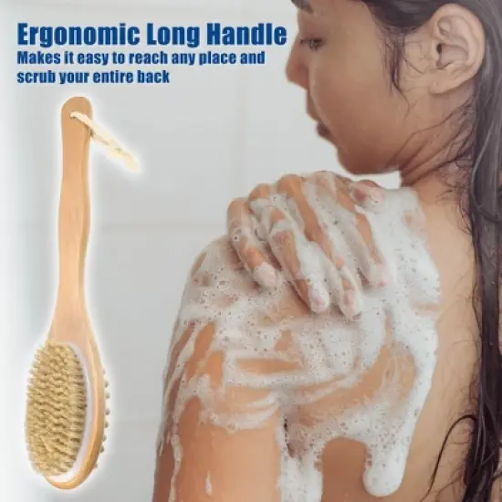 Unique Bargains Double Sided Bath Brush Wood Back Scrubber with Long Handle for Shower 14.6 Inches Brown 1 Pcs image {5}