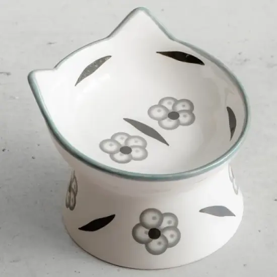 Dexypaws: Elevated Ceramic Cat Bowl, Floral White & Black, 7oz, Pet Feeding Dish image {3}