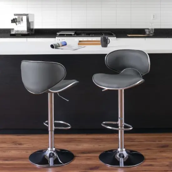 Set of 2 Curved Form Fitting Adjustable Bonded Leather Barstool Dark Gray - CorLiving image {1}