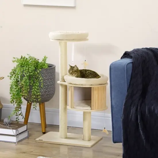 PawHut 3-Level Cat Tree with Sisal Scratching Posts, Fun Cat Badminton Toy for Playing, Soft Cushions, & Play Areas image {1}