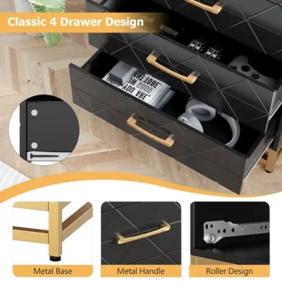 Dresser for Bedroom with 4 Drawer, Modern Dressers Chest of Drawers, with Wide Drawers and Metal Handles, Wood Dressers, Black image {4}