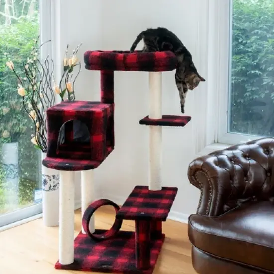 Armarkat B5008 50-Inch Classic Real Wood Cat Tree With Veranda, Bench, Mini perch, and Spacious Lounger In Scotch Plaid image {4}