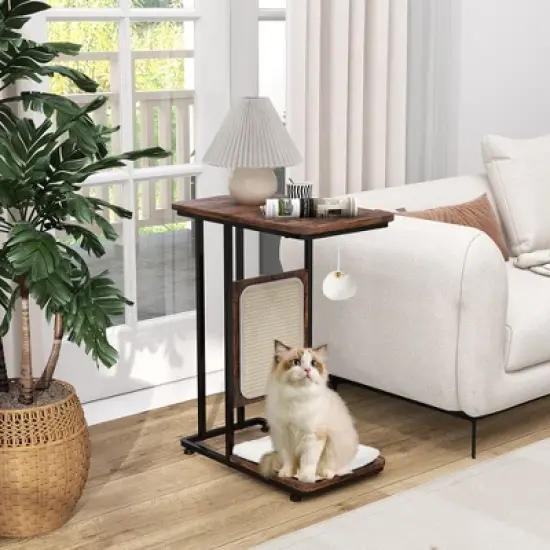 Tangkula Cat Tree & C- Shaped Cat Side Table w/ Scratching Board Hanging Toy Rustic Brown image {1}