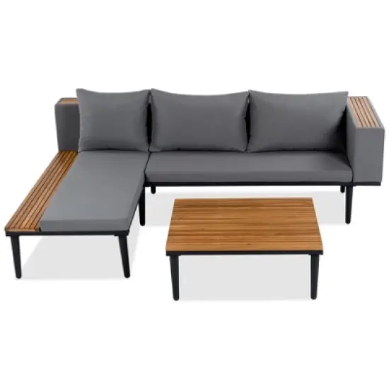 FIONECA Patio Furniture Set, L-Shaped Acacia Wood Outdoor Sectional Sofa with Side Table & Coffee Table, Removable Gray Cushions image {6}