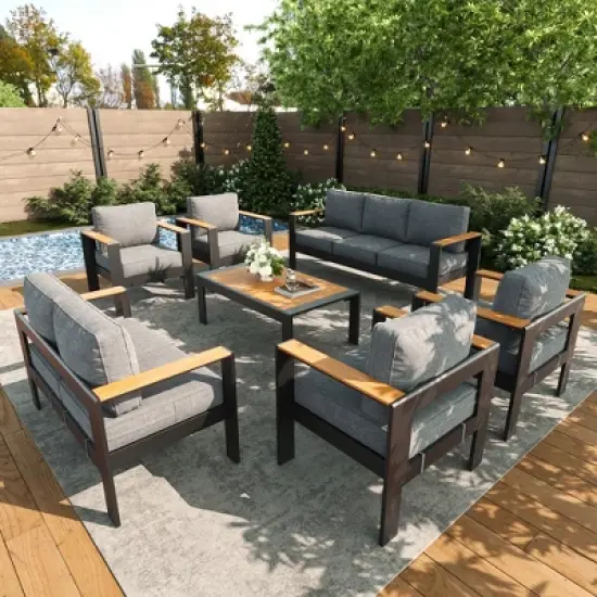 LayinSun 7 Pieces Aluminum Outdoor Patio Furniture Set with Coffee Table, Outside Metal Patio Conversation Sets with Deep Seating and Thick Cushions image {8}