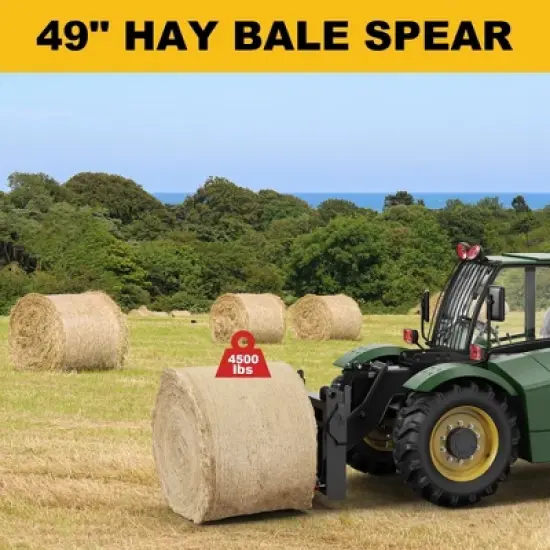 Hay Spear, Bale Spear - 49'' Heavy Duty 4500 Lbs Capacity, Quick Attach with Hex Nut & Sleeve for Tractors, Loaders image {1}
