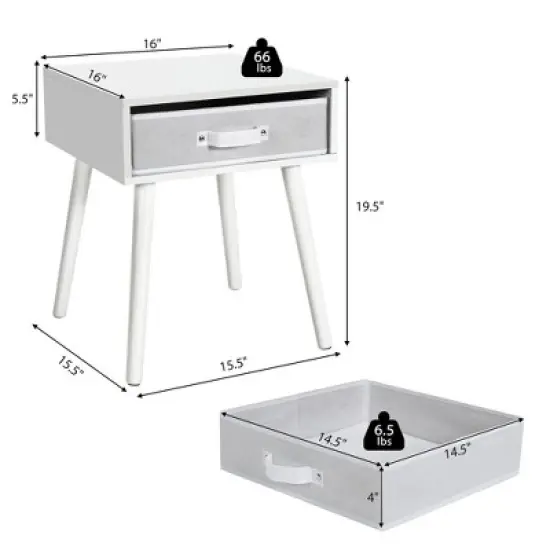 Costway Set of 2 Mid-Century Nightstand End Accent Bedside Table W/ Drawer Rustic White\Brown image {3}