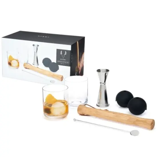 Viski Muddled Cocktail Barware Tool Set, 2 lead-free Crystal Tumblers, 2 Ice Molds, Double Jigger, Wooden Muddler, Stir Stick 7-Piece set, Multicolor image {5}
