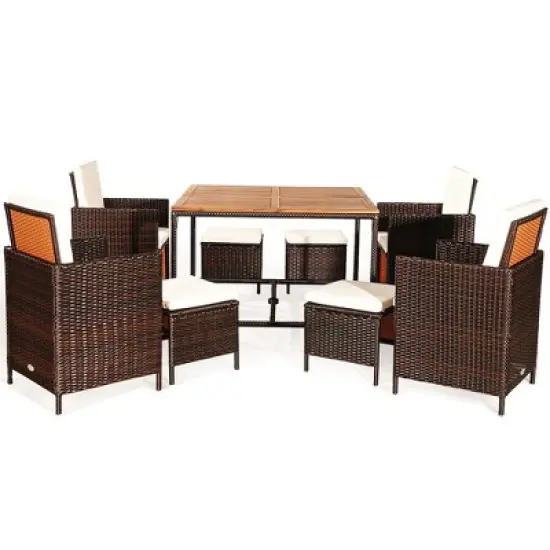Costway 9PCS  Acacia Wood Patio Rattan Dining Set Cushioned Chairs Ottoman image {7}