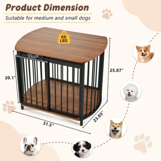 Medium Dog House Dog Crate Wooden Cage Indoor Kennel Furniture Dog Shelter End Table with Double-Doors, Brown/Gray+Black-ModernLuxe image {4}