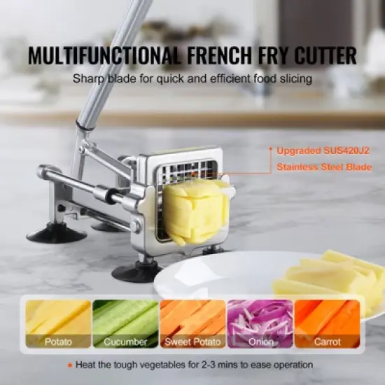 VEVOR French Fry Cutter, Potato Slicer with 1/2" 3/8" 1/4" Stainless Steel Blades, Manual Potato Cutter Chopper with Suction Cups image {2}