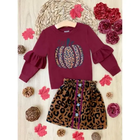 Girls Fierce Pumpkin Vibes Leopard Skirt Set - Mia Belle Girls image {3}