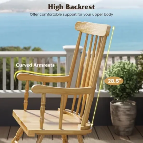 Tangkula Patio Rocking Chair Solid Wood Outdoor Porch Rocker Chair with Rubber Wood Frame Indoor Wooden Rocking Chair Natural image {2}