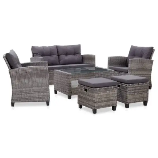 vidaXL 6 Piece Outdoor Sofa Set with Cushions, Poly Rattan Patio Furniture - Weather-Resistant, Removable Covers, Dark Gray image {1}
