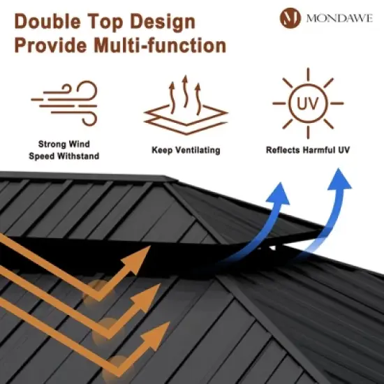 Mondawe 12x20Ft. Outdoor Solid Wood Frame Patio Gazebo Galvanized Steel Hardtop with Netting image {6}