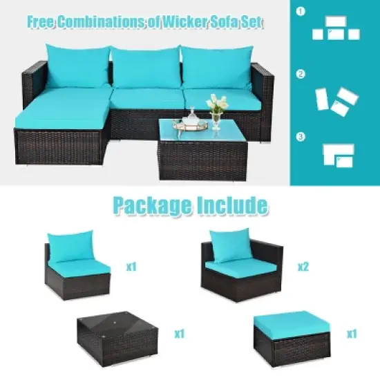 Costway 5PCS Patio Furniture Set Sectional Conversation Sofa Set w/ Coffee Table Blue image {4}