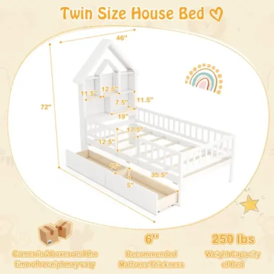 Tangkula Twin Size House Bed w/ 2 Drawers Kids Montessori Bed w/ Storage Headboard image {8}