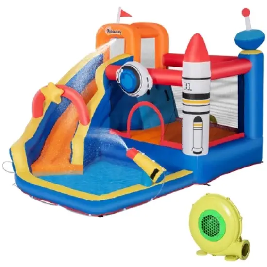 Outsunny 5-in-1 Inflatable Water Slide Kids Bounce House Space Theme Includes Slide Trampoline Pool Cannon Climbing Wall with 450W Air Blower image {3}