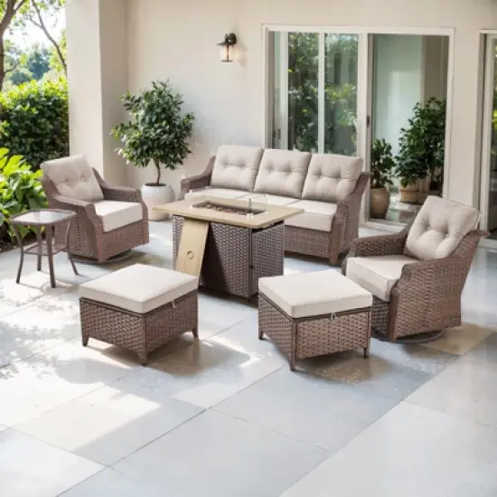 POCASSY 7 Piece 6 inch Thick Upholstered Cushion Patio Furniture Set with Fire Pit Table, All Weather Brown Wicker Outdoor Conversation Set for Deck image {16}