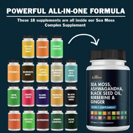 Sea Moss Ashwagandha Black Seed Oil Berberine and Ginger Supplement Capsule, 18 Key Nutrients for Overall Health Support, Bioschwartz, 120ct image {3}