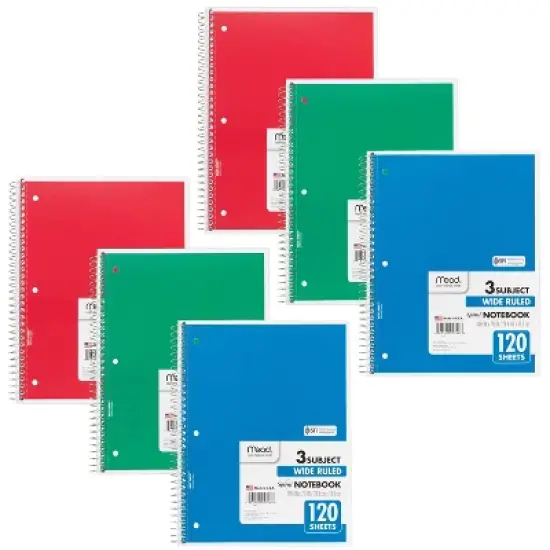 Mead&reg; Spiral 3 Subject Notebook, Wide Ruled, 180 Sheets Per Book, Pack of 6 image {2}