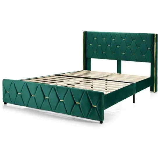 Costway  Upholstered Platform Bed Frame Adjustable Headboard Footboard Modern Green image {10}