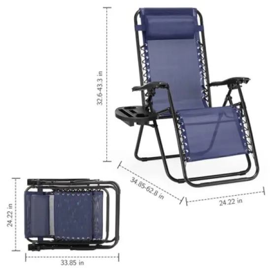 FURNIinspire Outdoor Portable Chairs Lounge Chairs Patio Folding Recliners For Pool Beach Garden With Pillow And Cup Holder, Blue, 62.8"*24.22"*43.3" image {2}