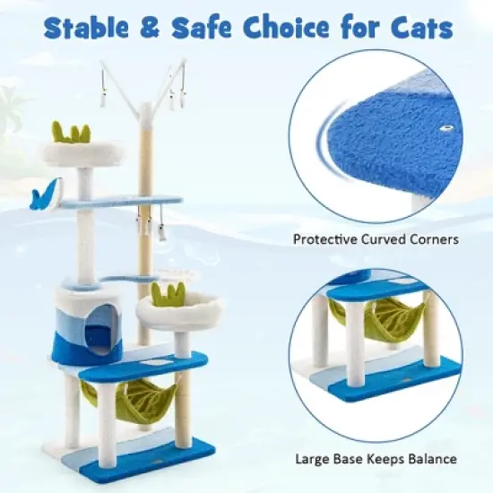 Petsite Ocean-themed Cat Tree with Sisal Covered Scratching Posts Condo Perch Indoor Tower image {9}