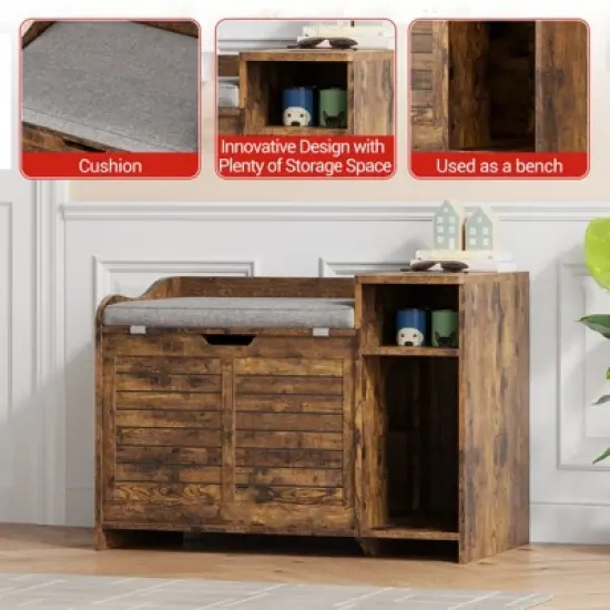 COZONY Cat Litter Box Enclosure Furniture with Flip Top, Hidden Kitty Washroom Bench with Cushion & Air Vents, Entryway Shoe Cabinet Cat House image {3}