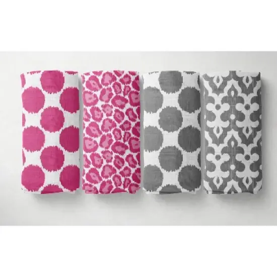 Bacati - Ikat Dots Leopard  Pink Grey Muslin Girls 10 pc Crib Set with wall hangings & Mobile image {5}