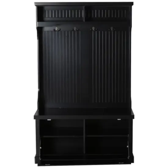 HOMCOM Hall Tree for Entryway, Coat Rack Shoe Bench with Bottom Storage, 4 Metal Double Hooks and 2 Shelves for Hallway, Living Room, Black image {3}