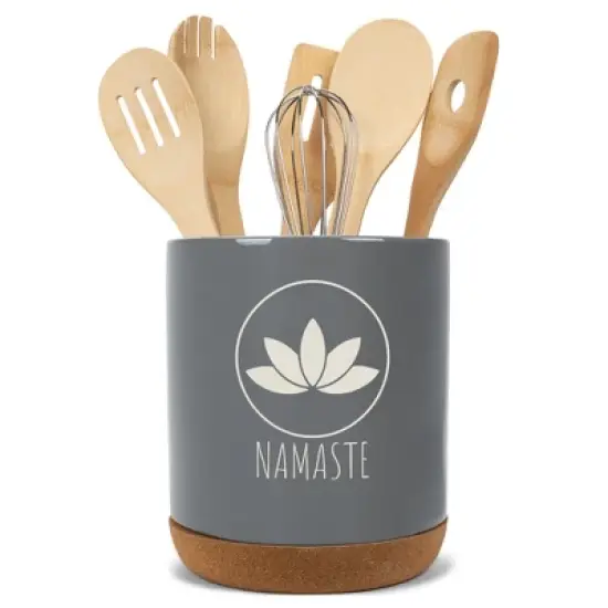 Elanze Designs Yoga Zen Calming Calm Namaste Relaxed Ceramic Cork Bottom Gray Large Capacity Utensil Holder Crock for Countertop Storage, Stylish & image {4}