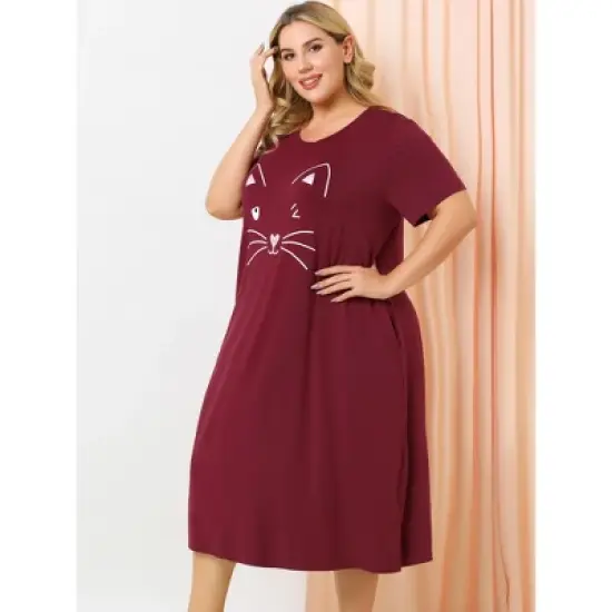 Agnes Orinda Womens Plus Size Short Sleeve Cute Cat Print Pockets Nightgown image {3}