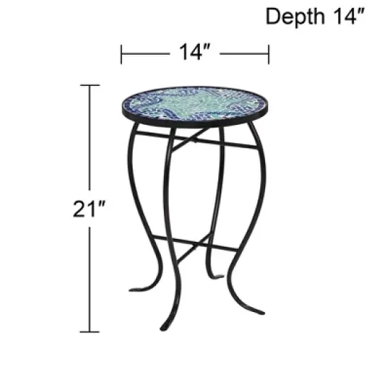 Teal Island Designs Black Round Outdoor Accent Side Tables 14" Wide Set of 2 Blue Wave Mosaic Tabletop Front Porch Patio Home House image {5}