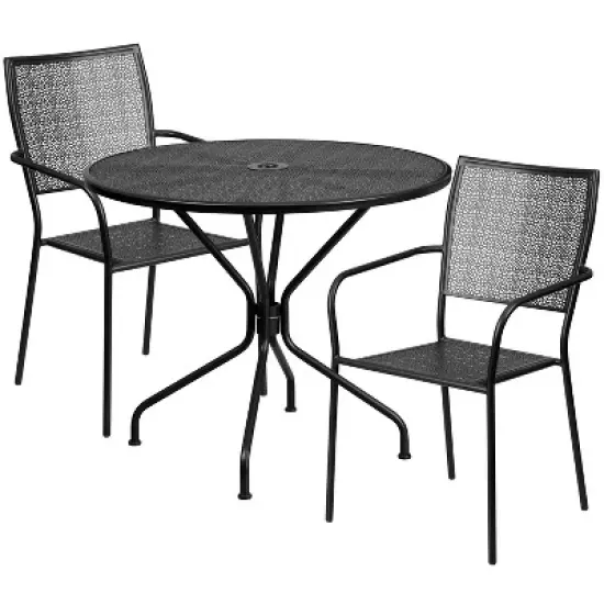 Flash Furniture Oia Commercial Grade 35.25" Round Indoor-Outdoor Steel Patio Table Set with 2 Square Back Chairs image {5}