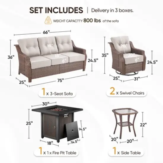 Gymojoy Outdoor Sofa Swivel Chairs with Fire Pit Table Patio Funiture Set image {2}