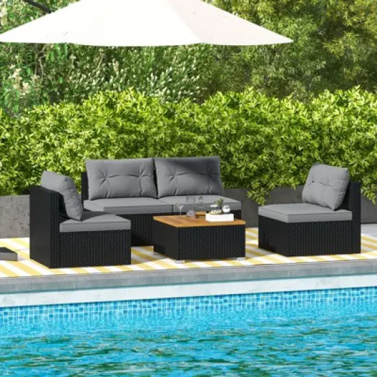 Tangkula Set Of 5 Rattan Sofa Set Outdoor Wicker Furniture Set w/Seat & Back Cushions Square Coffee Table Patio Sofa Set Gray image {1}