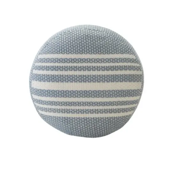HomeRoots 20" Blue Polyester Round Striped Indoor Outdoor Pouf Ottoman image {3}