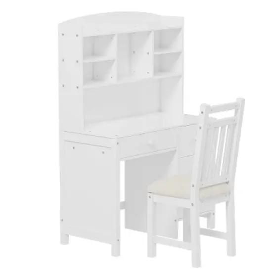 PAGED Vintage 40" Home Computer Desk and Upholstered Chair Set with Bookshelf,  with Four Drawers, Storage Shelf and Chair, White image {3}