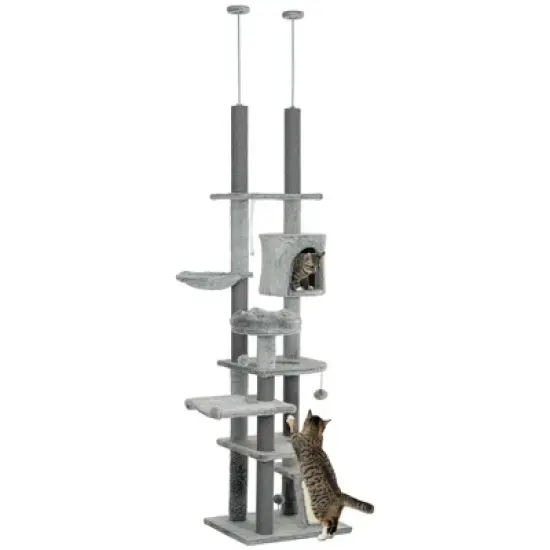 PawHut Floor to Ceiling Cat Tree, 89"-100" Adjustable Height Cat Climbing Tower Activity Center for Indoor Cats with Cat Perch, Condo & Hammocks, Gray image {6}