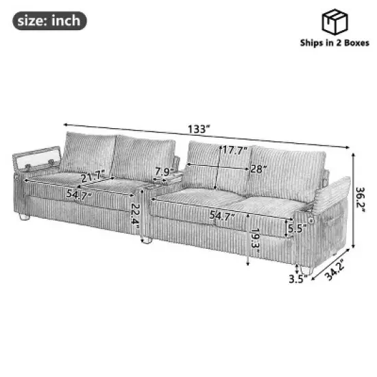 4-Seater Sofa Couch with Hidden Arm Storage, Sofa with USB Ports and Flip-Top Cup Holders, Corduroy Sofa with Plywood Frame-Cuddlewood image {3}