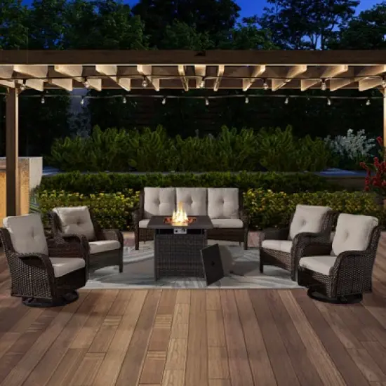 6 Pieces Wicker Patio Furniture Set with Propane Fire Pit Table, All Weather Wicker Patio Set with Square Fire Pit Table and Swivel Patio Chair image {14}