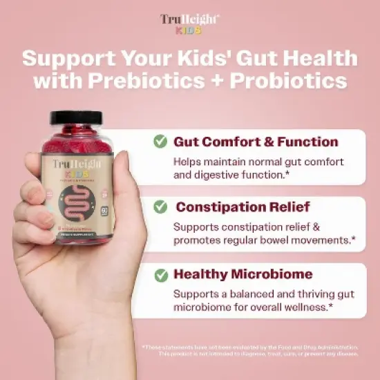 TruHeight Kids Prebiotic & Probiotic Gummies Ages 2+ (Strawberry Flavor) Toddler & Kids Natural Supplement for Digestive, Gut & Constipation Relief image {1}
