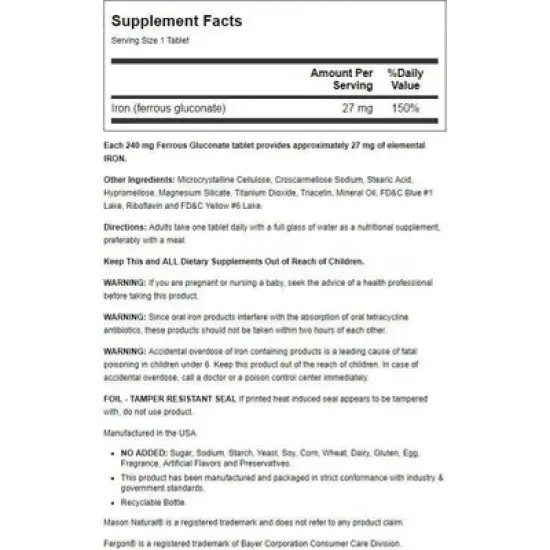 Mason Natural Ferrous Gluconate 27 mg 100 Tablets image {1}
